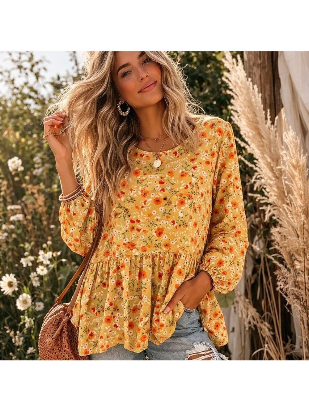 Orange Creek Babydoll Peplum Blouse Boho Yellow Floral Cottagecore S